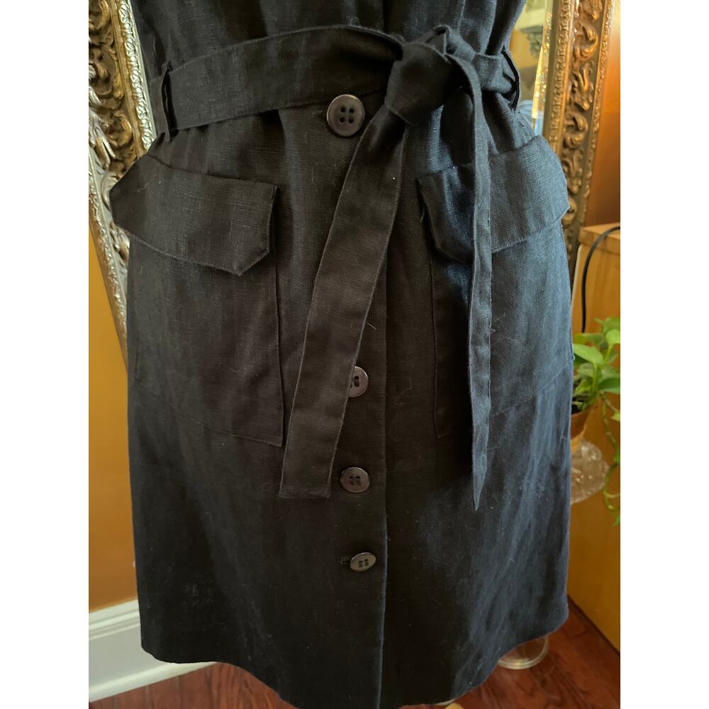 Vintage Thalian Black Linen button up Sleeveless Dress w/pockets & belt Size 8 - Picture 8 of 15